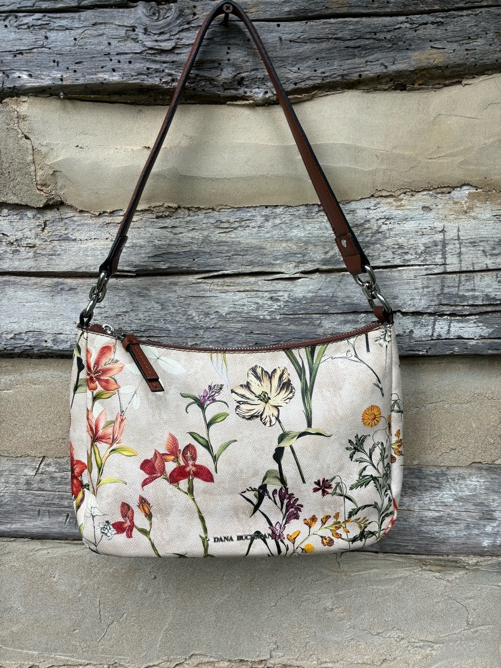 Dana Buchman Cream Floral Shoulder Bag with Brown Strap
